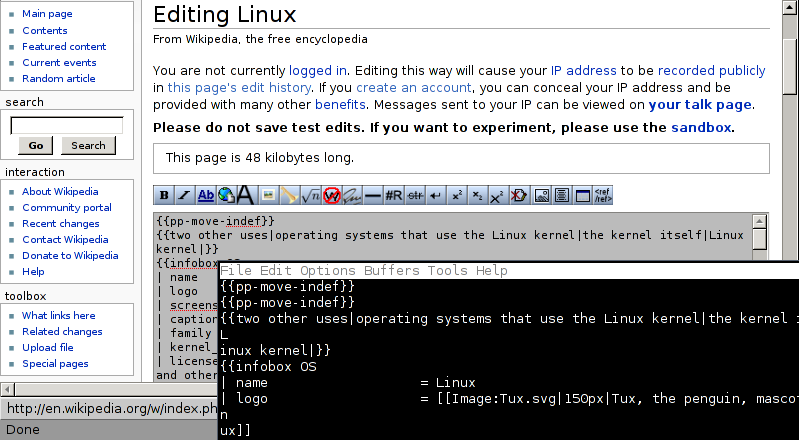 Editing a Wikipedia Article in Conkeror